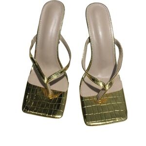 Gold Metallic Croc Embossed Square Toe Thong Stiletto Heel Sandals Size 41